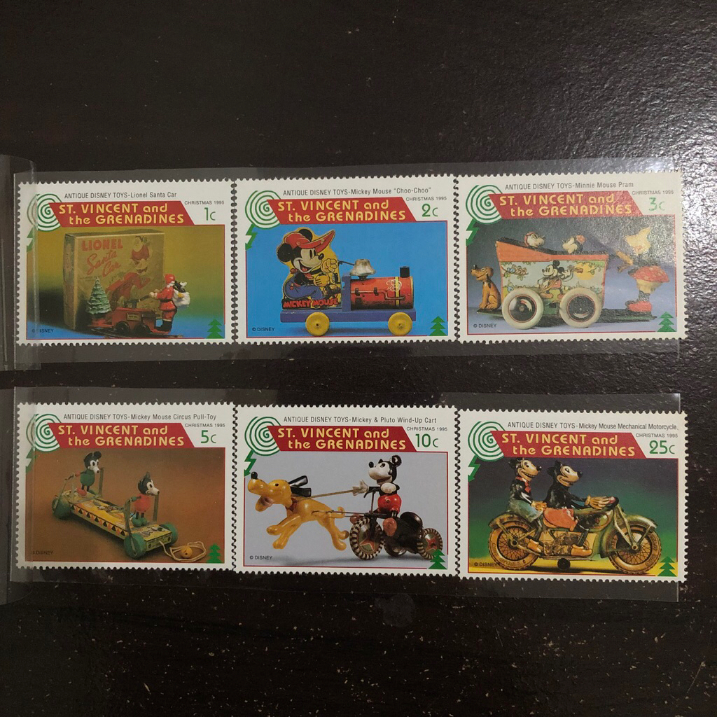 

Perangko Anak Disney Stamp Sierra Leone St. Vincent and the Grenadines Antique Disney Toys Mickey Mouse Choo Lionel Santa Car Minnie Pram Pluto Cart Motorcycle Christmas Natal 1995 Donald Duck Wind Up Telephone Doll Toothbrush Holder