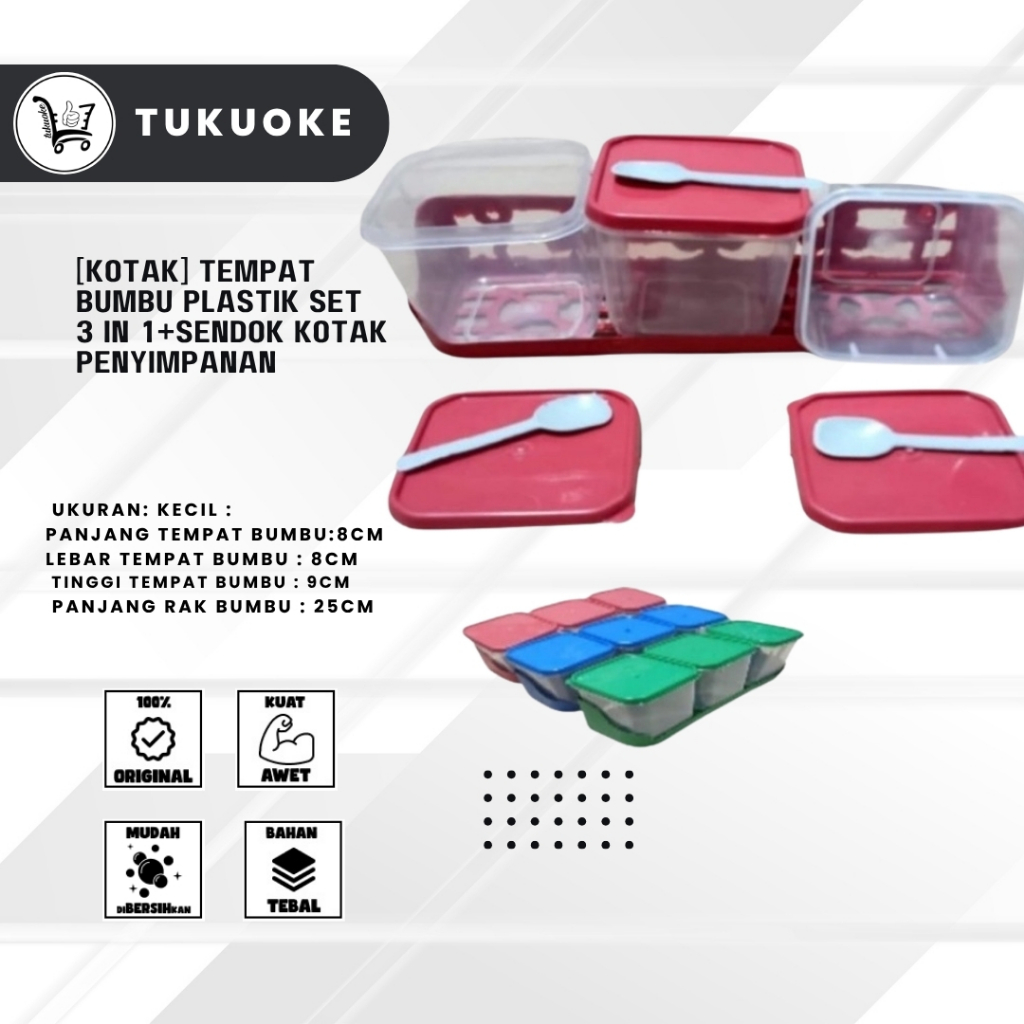[KOTAK] Tempat Bumbu Plastik Set 3 In 1+Sendok Kotak Penyimpanan Garam Gula Merica Bubuk Dapur Plus 