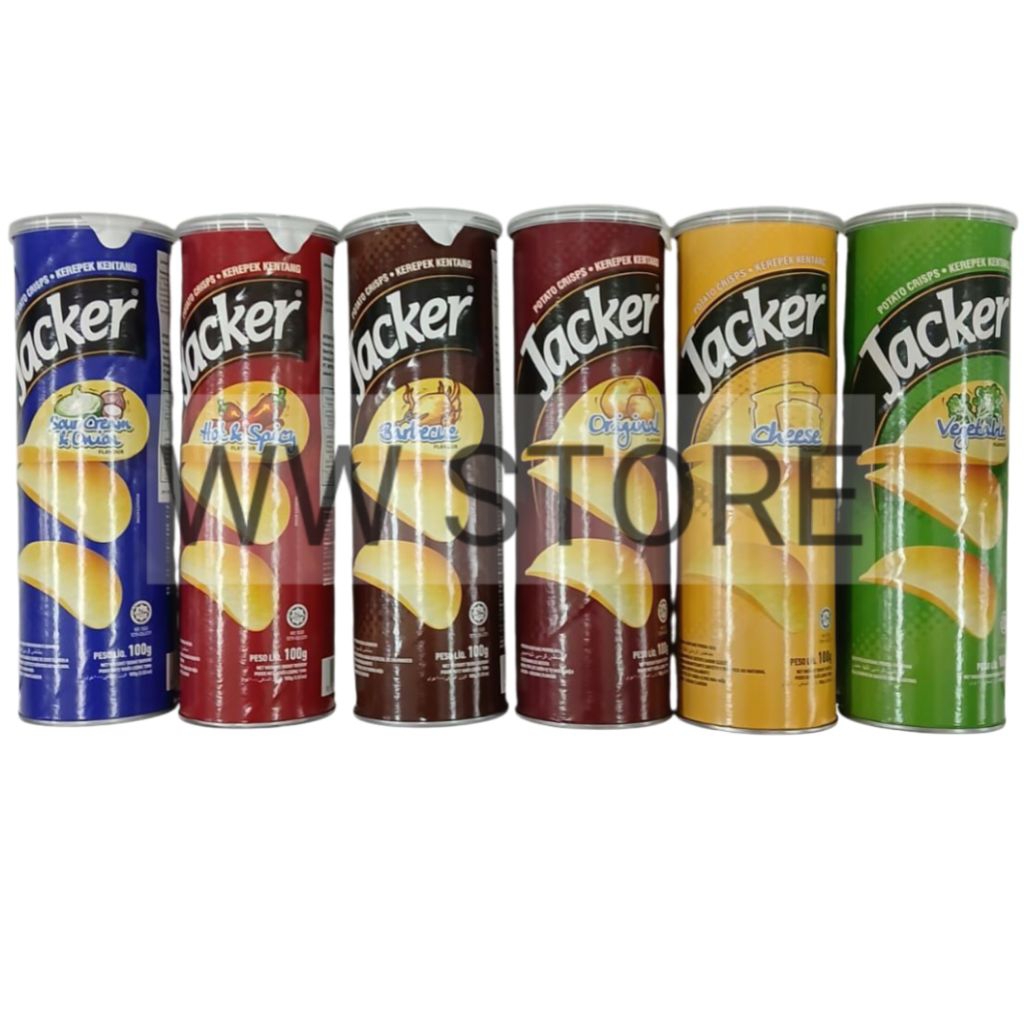 

Cemilan snek makanan ringan keripik kripik kentang rasa asli barbekiu BBQ pedas keju krim asam bawang sayuran halal MUI Jacker Original / Barbecue / Cheese / Hot & Spicy / Sour Cream & Onion / Vegetable Potato Crisp Crisps 100g