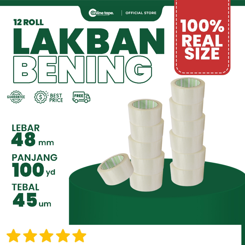 

Online Tape 12 pcs Lakban Bening 48 MM X 100Y PURE Ukuran Real Online Tape Plakban Isolatip Solatip Berkualitas