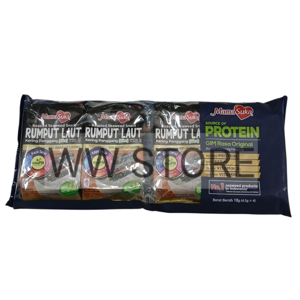 

Cemilan snek makanan ringan rumput laut kering panggang rasa asli halal MUI Mama Suka MamaSuka Roasted Seaweed Snack ( Gim ) Original Flavour 4x4.5g