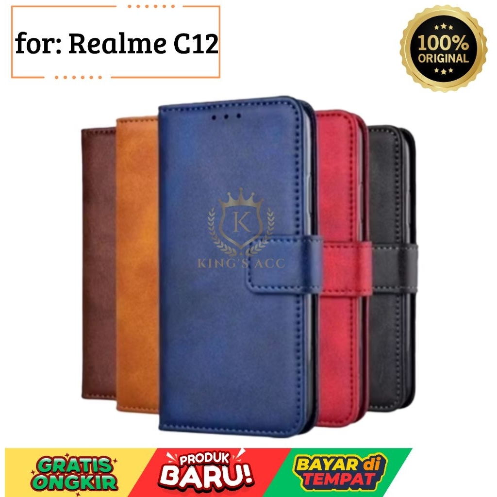 FLIP CASE UNTUK Realme c12-FLIP LEATHER CASE PREMIUM realme c12-FLIP WALLET CASE KULIT CASING HP DOM