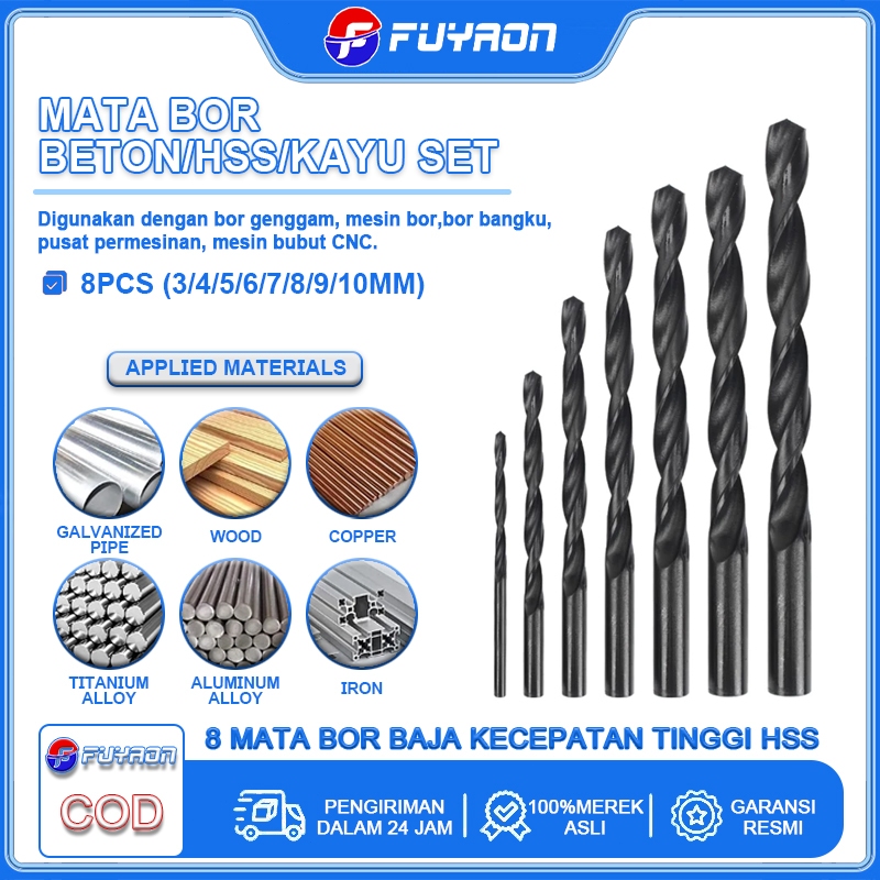 FUYAON Set mata bor 8 buah Mata bor kayu/besi/beton/dinding Mata bor putar baja kecepatan tinggi HSS