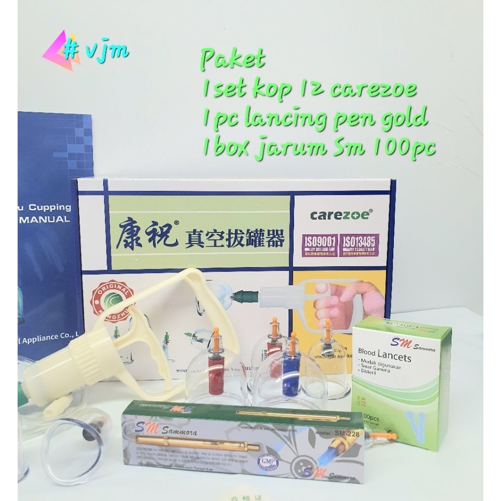 Paket Bekam Basah /Alat Bekam Isi 12 Carezoe (Alat bekam 12+Lancing pen+Jarum Lancet)Kop Angin Carez