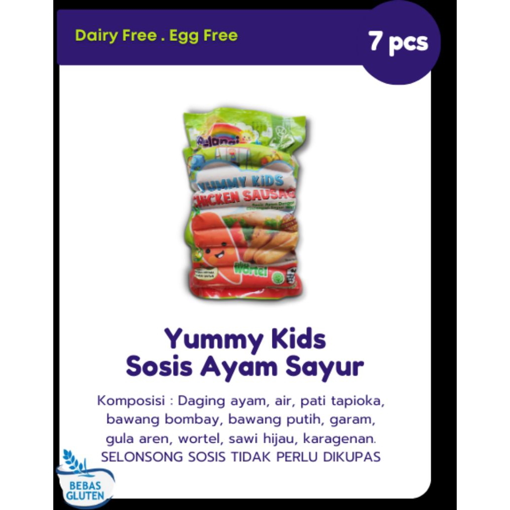 

Yummy Kids Sosis Ayam Sayur Gluten Free Pelangi Family Frozen Food | Halal | No MSG | Tanpa Gula Rafinasi | Tanpa Pengawet | Tanpa Pewarna | Tanpa Bahan Kimia | Bahan Alami | Makanan Anak | Kids Meal | Snack Anak | Sosis | It's Superfood | Superfood Store