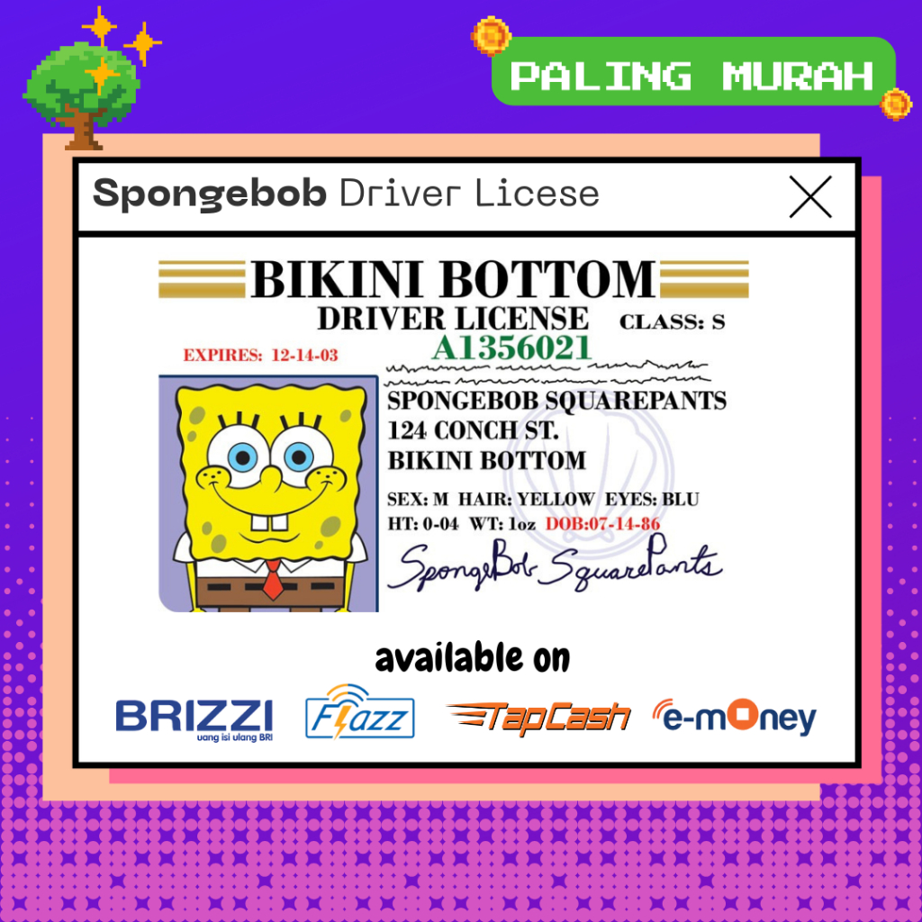 SPONGEBOB Driver License SIM Spongebob Custom Doff eMoney Flazz TapCash Brizzi eToll NFC