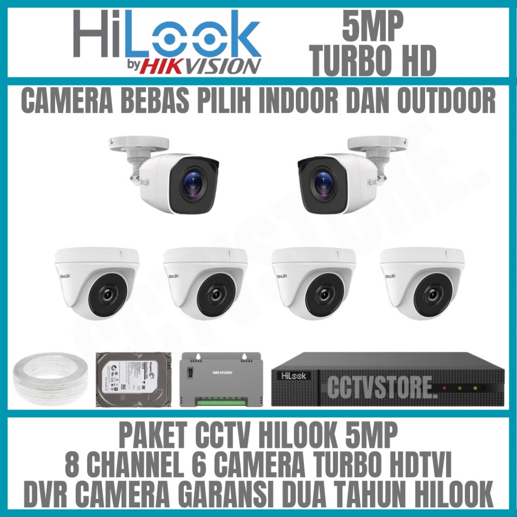 Paket cctv hilook 5mp 8 channel 6 camera turbo hd kamera cctv komplit