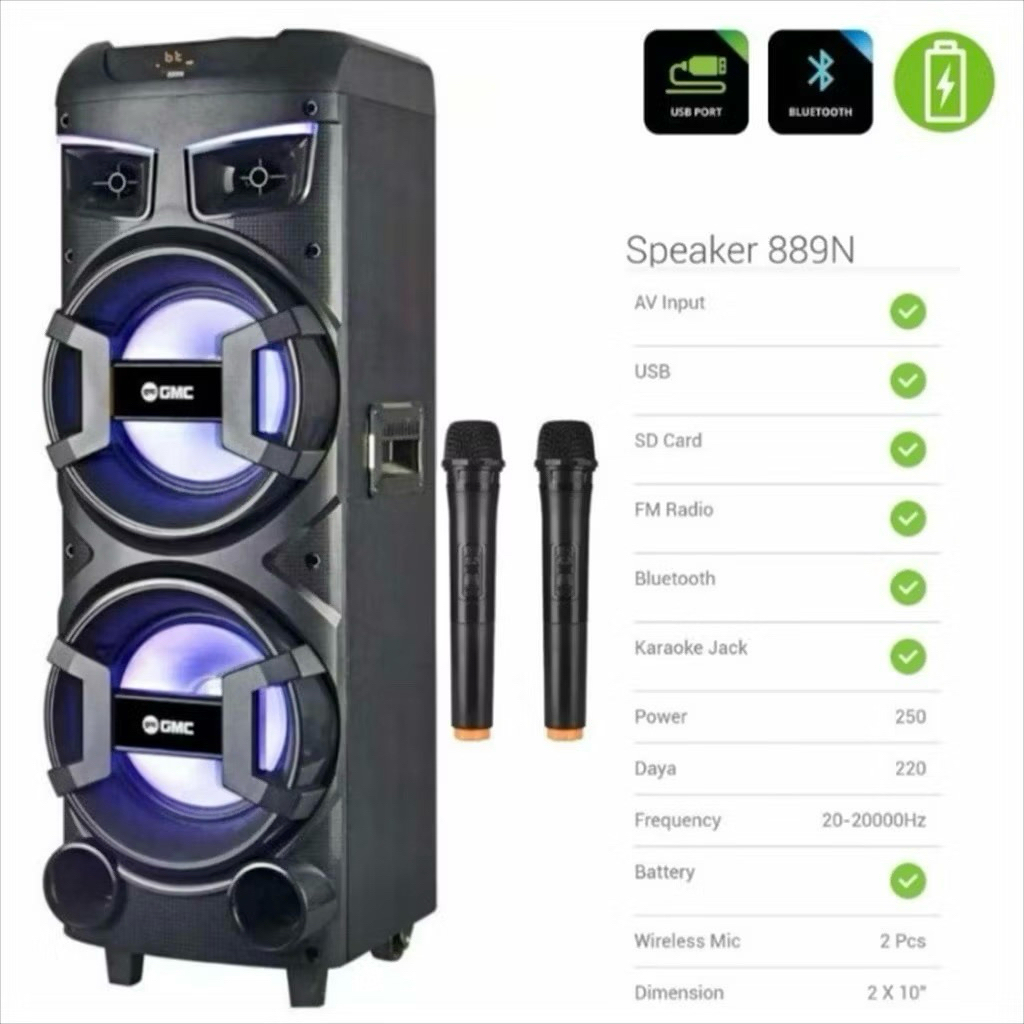 Speaker Portable Bluetooth Amplimeeting GMC 889N Dual Double 10inch x2 Bonus 2 Mic Wireless 2x10 inc