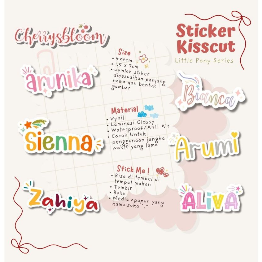 

Stiker Kiss Cut CUTE FONT Label Nama Waterproof Tahan Air