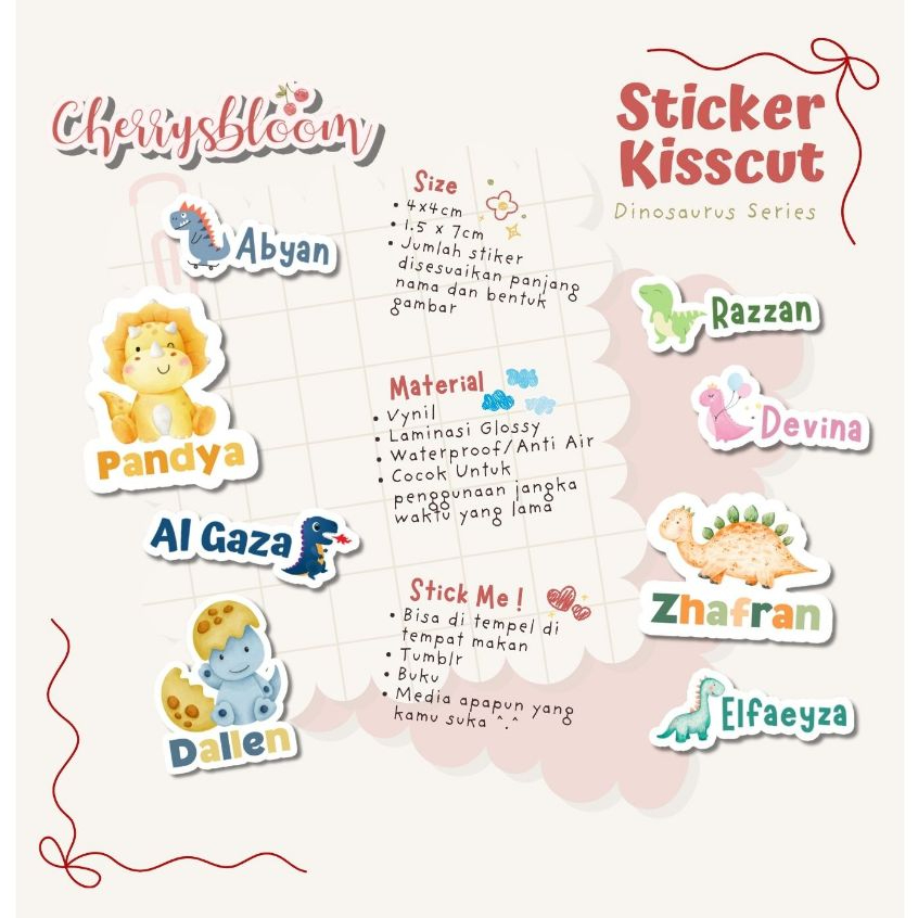 

Stiker Nama Dinosaurus Label nama Waterproof tahan air kiss cut