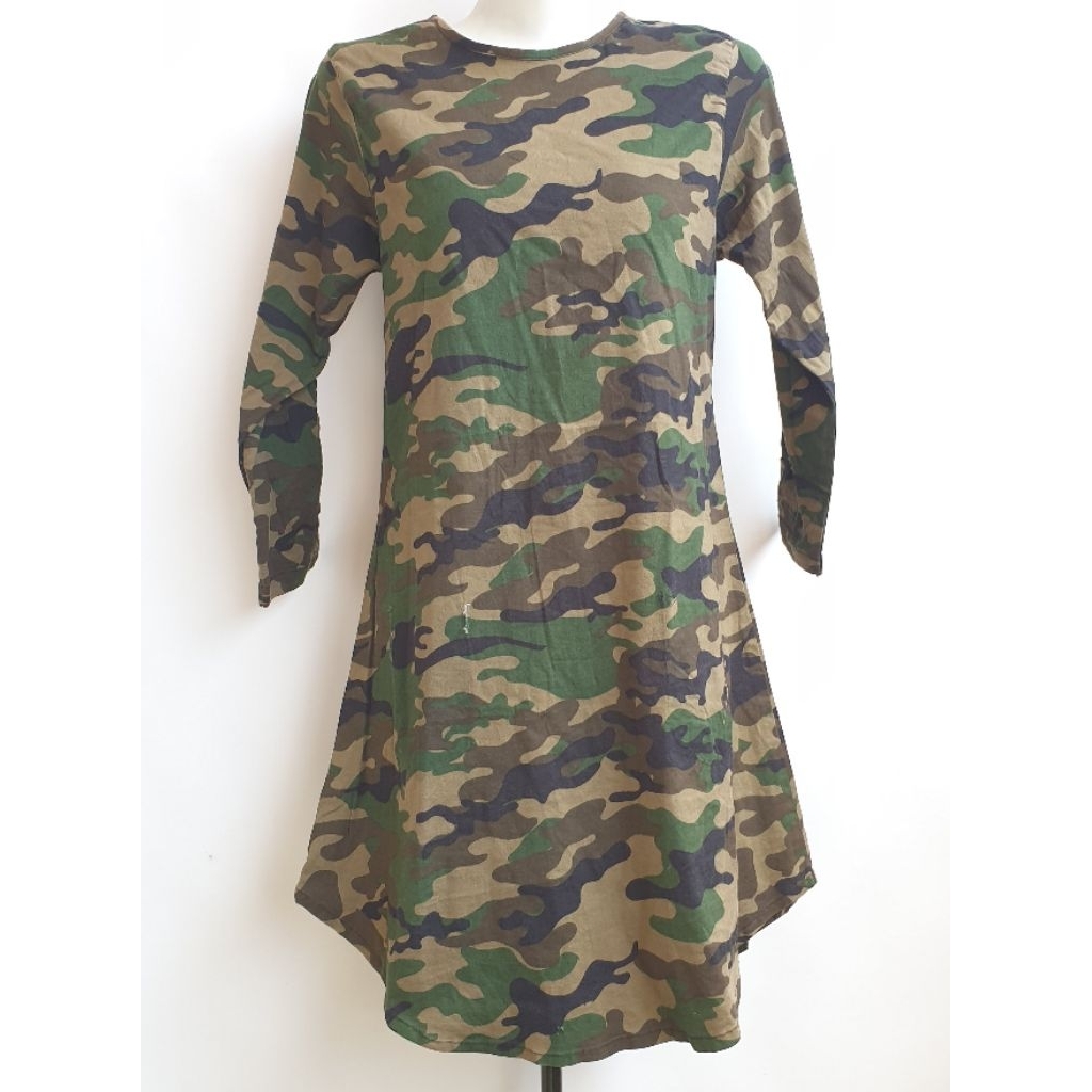 Tunik Atasan Loreng Hijau Wanita Army Kamuflase Flare Asimetris Mini Dress Lengan Panjang No minus R