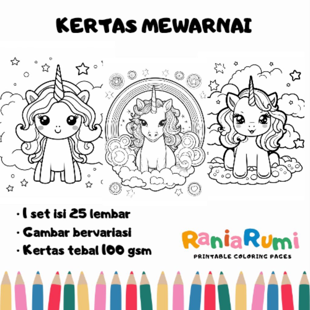 

25 LEMBAR KERTAS MEWARNAI UNICORN 8 PART (Kertas 100gsm Uk.A5)
