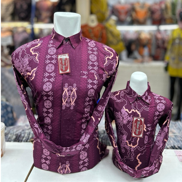 PESONA Ungu Magenta Baju Batik Katun Couple Ayah Anak Lengan Panjang Motif Geometris Eksklusif Serag