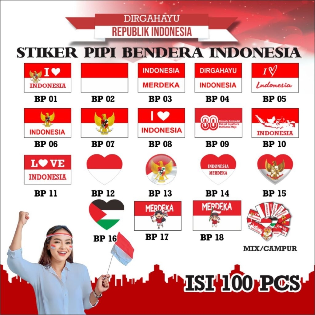 

Stiker Bendera Merah Putih Stiker pipi Stiker HUT RI Bahan Stiker Chromo Isi 100 pcs