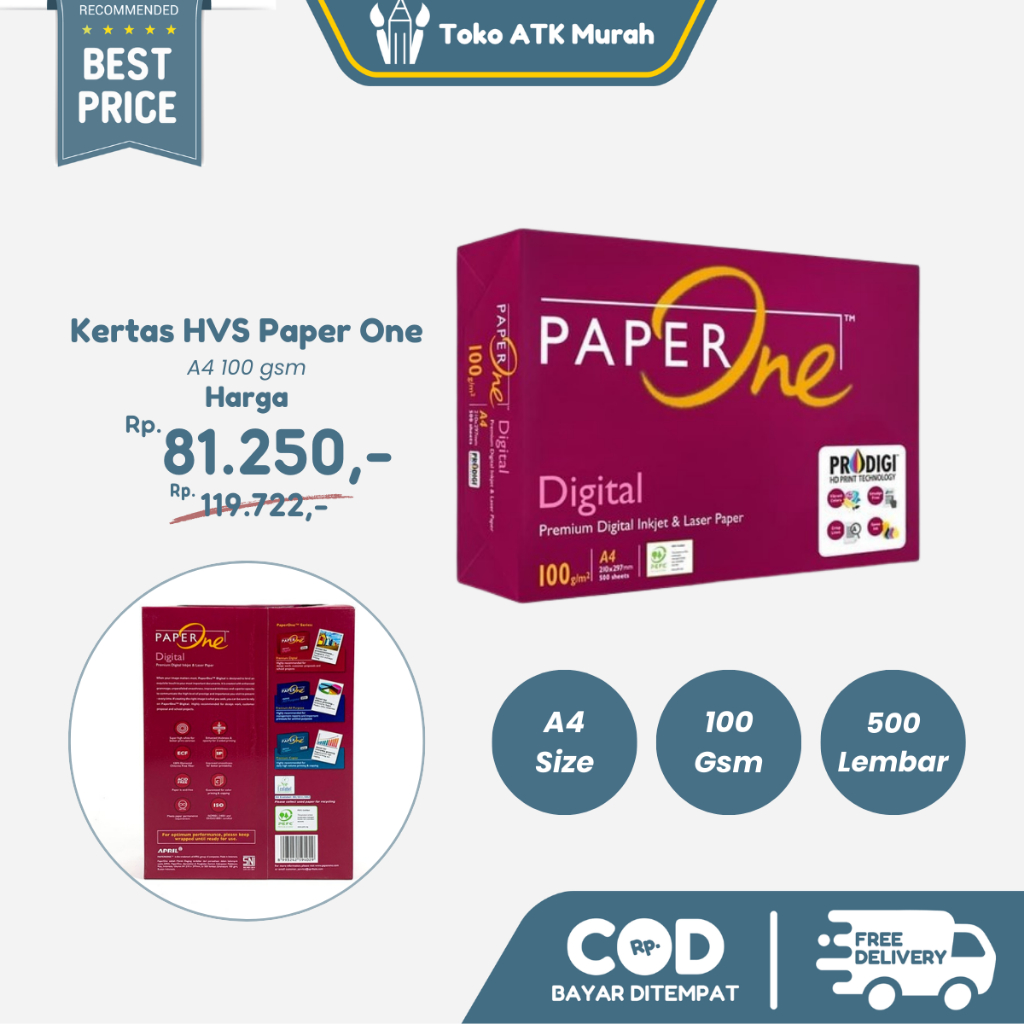 

Kertas HVS A4 100 Gsm Paper One ( 1 Rim Isi 500 Lembar ) - Kertas Fotokopi Print Berkualitas