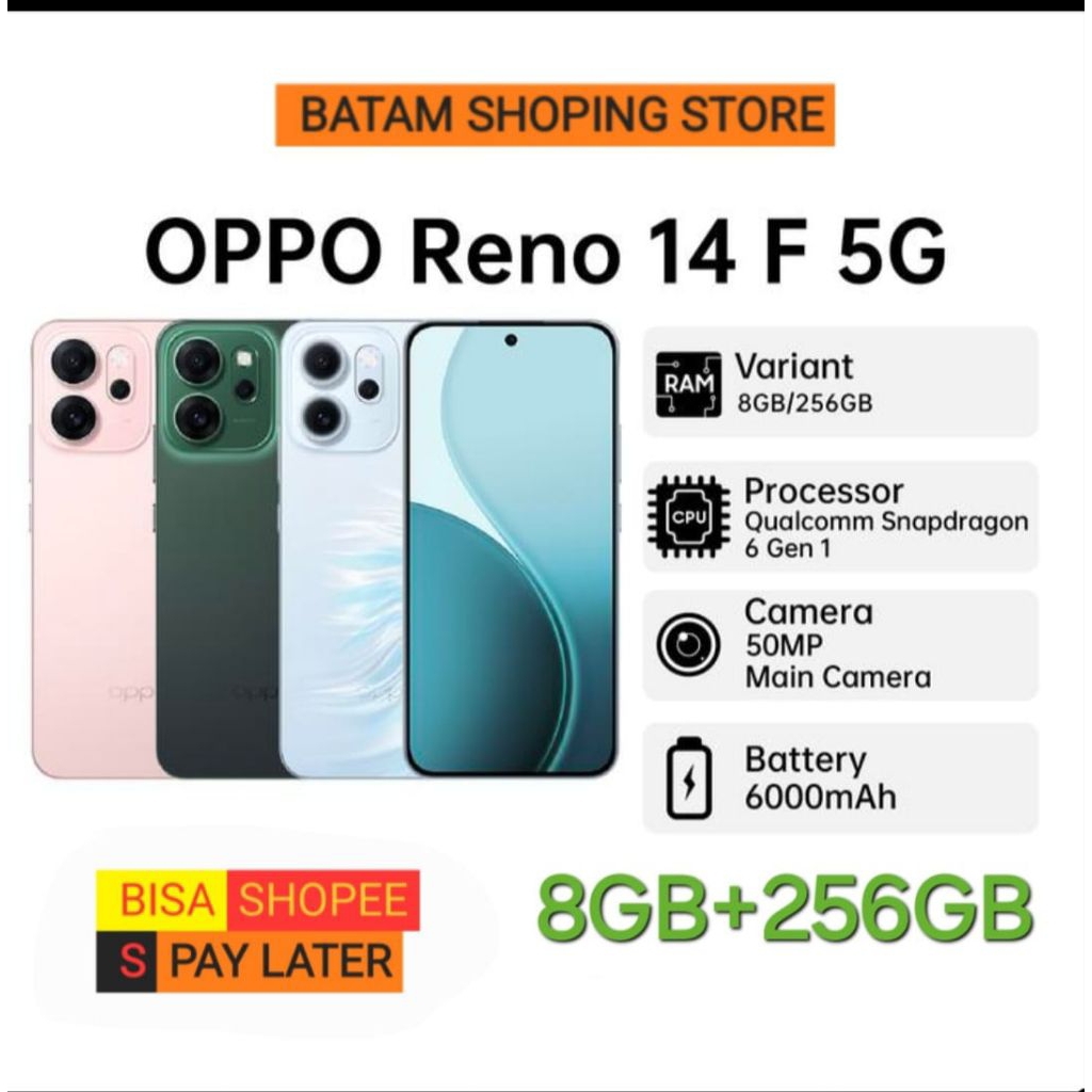 OPPO RENO 14F 5G RAM 8GB + 256GB [ SNAPDRAGON 6 GEN 1 ] NEW 2025 GARANSI RESMI