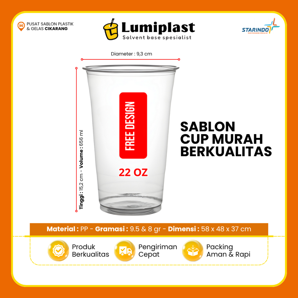 Sablon Cup Custom 22oz Datar 9,5gr Starindo Gelas Plastik Minuman Free Desain