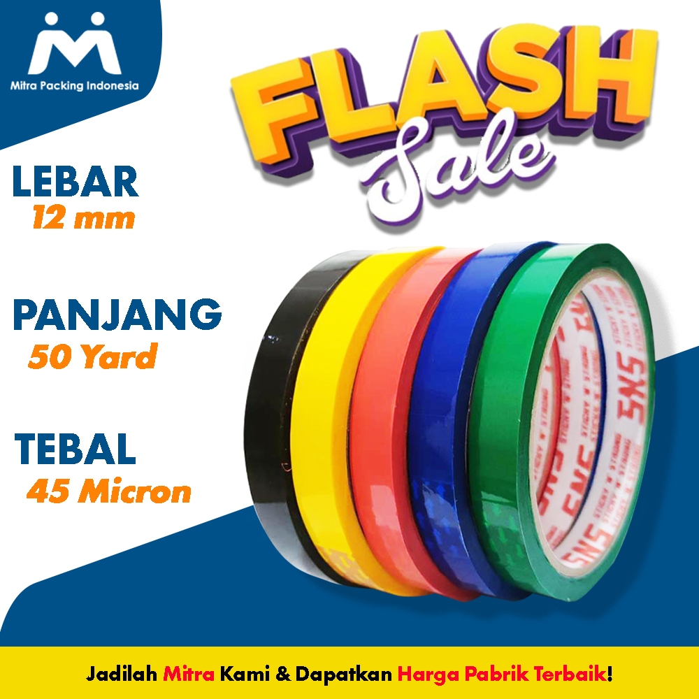 

Isolasi / Lakban Warna Warni 12mm x 50 Yard SNS (Sticky N Strong) - Mitra Packing Indonesia (MPI)