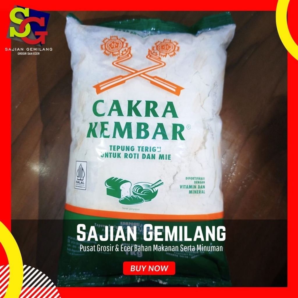 

Tepung Terigu Bogasari Cakra Kembar bening 1kg - Grosir Sajian Gemilang