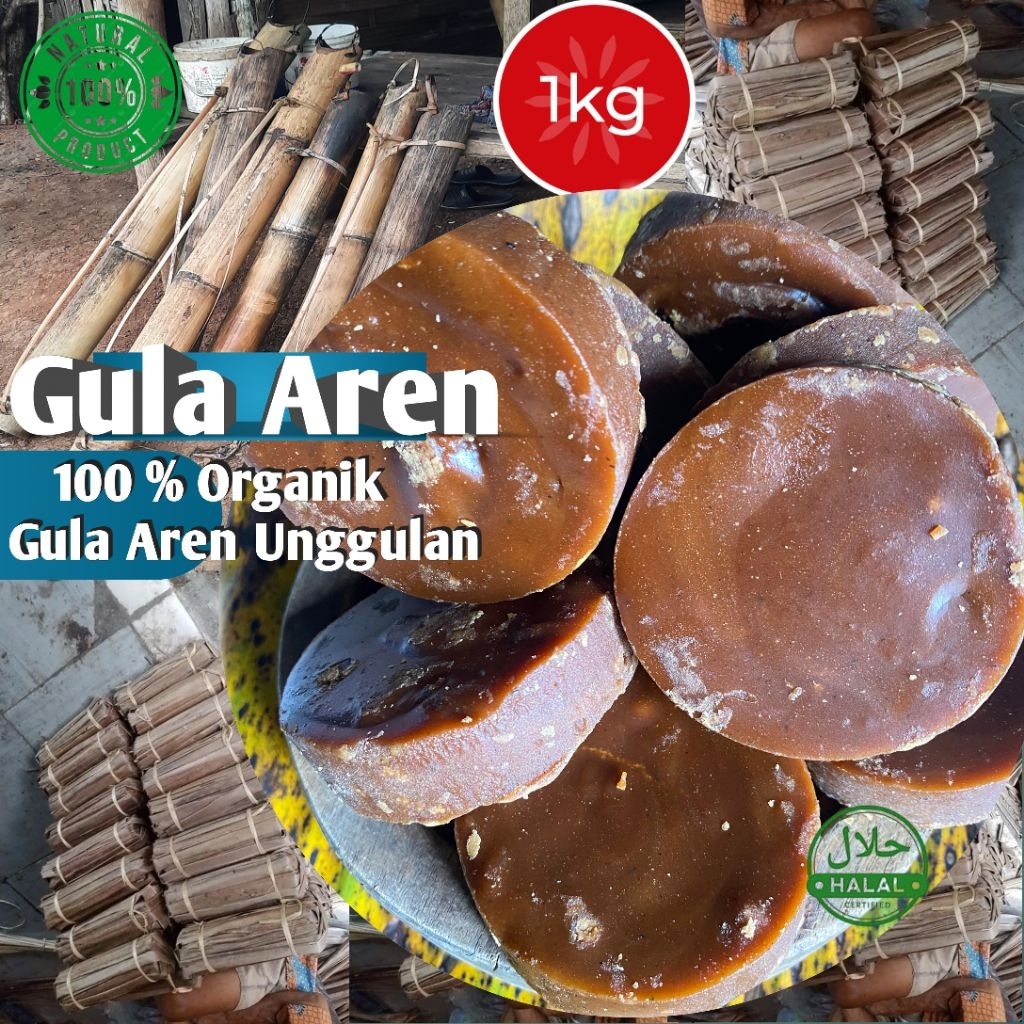 

Gula Aren 100 % Organik | 1 Kg Gula Kawung Asli | Pemanis Alami | Bungkus Daun Kering