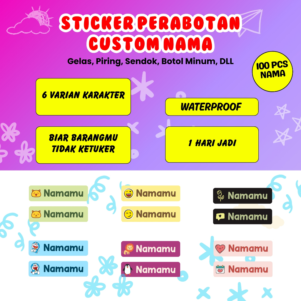 

100Pcs Sticker Custom Nama Piring Sendok Botol Barang Perabotan Stiker Ajaib Waterproof Timbul Label