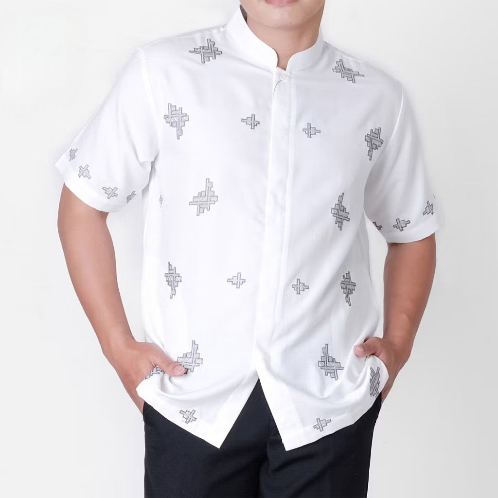 baju koko pria lengan pendek terbaru 2025 Baju Koko Pria Elrumi Lengan Pendek Warna Putih-Tulang Kem