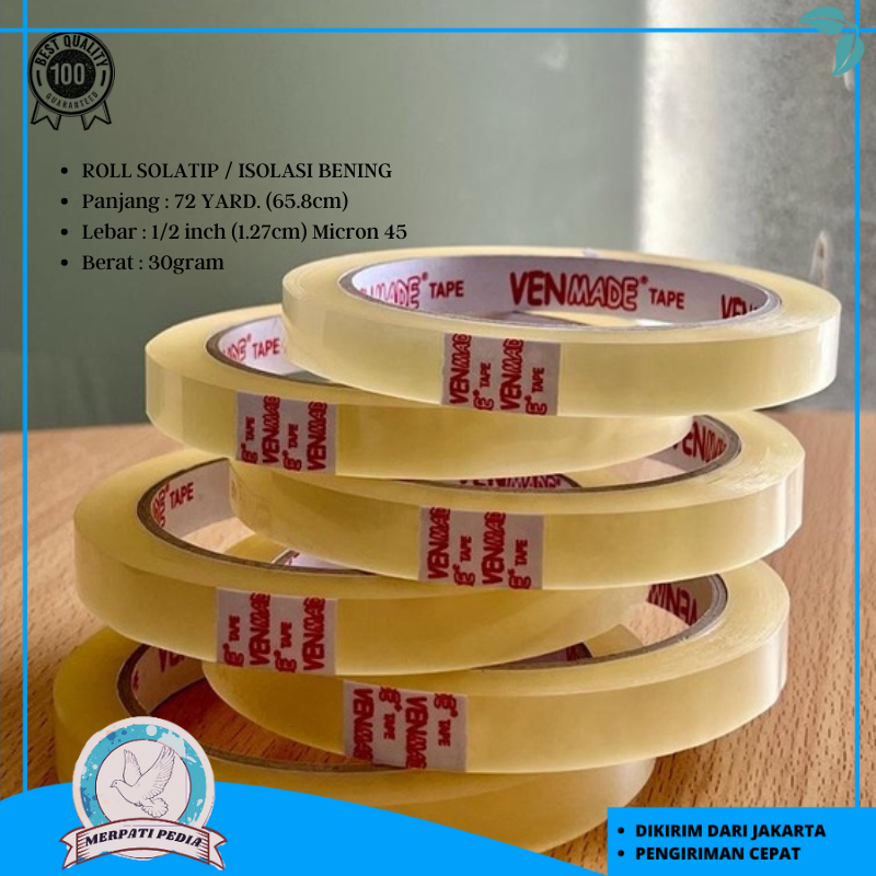 

MERPATI Lakban Isolasi Solatip Bening 1/2 Inch Panjang 72 Yard Per Roll Tahan Air Serbaguna