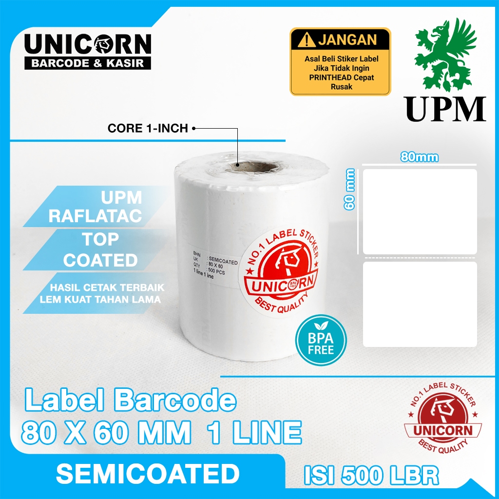 Stiker Label Barcode Semicoat Semicoated - 80x60 mm 80 x 60 mm 80x60mm 8x6 cm 8x6cm Isi 500