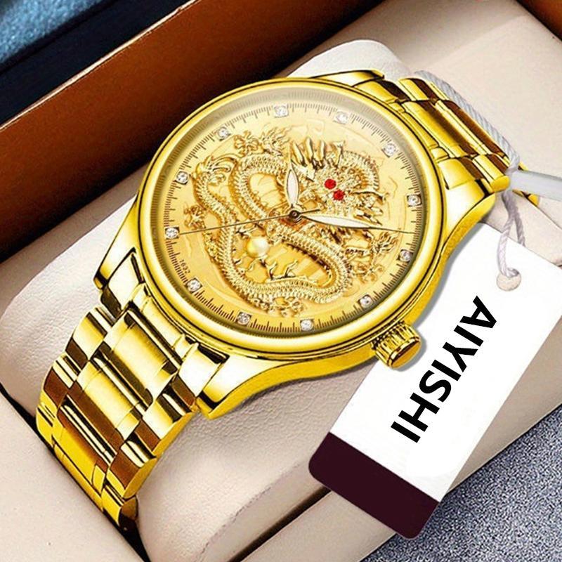 AIYISHI Fashionable retro relief golden dragon fully automatic movement watch,  waterproof luminous 