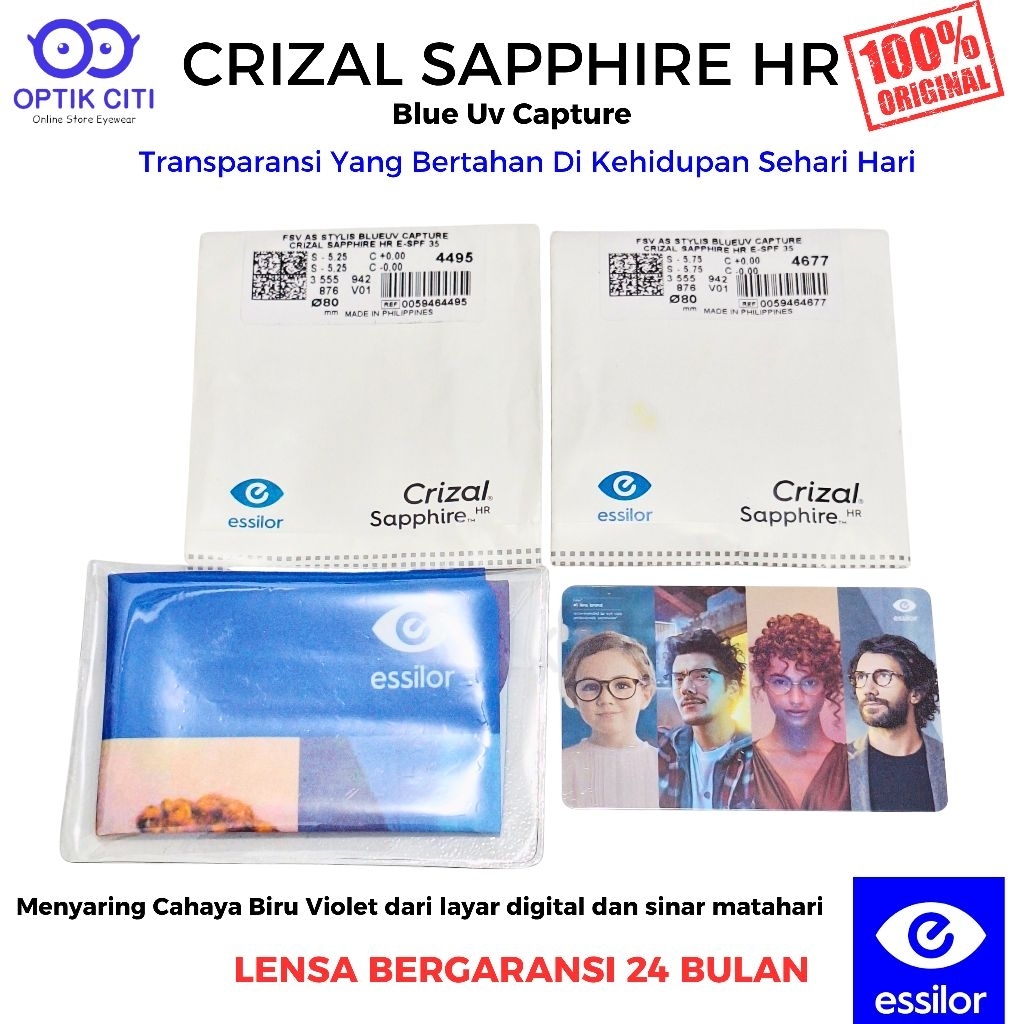 Lensa Kacamata Minus Tipis Blueray Essilor Crizal Sapphire Blue Uv Capture Ormix 1.6 Original