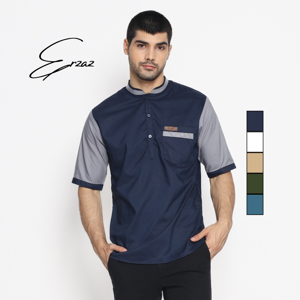 ALAWI - Asakhi Baju Koko Kurta Premium Lengan Pendek Motif Erza Warna Navy Kombinasi Abu
