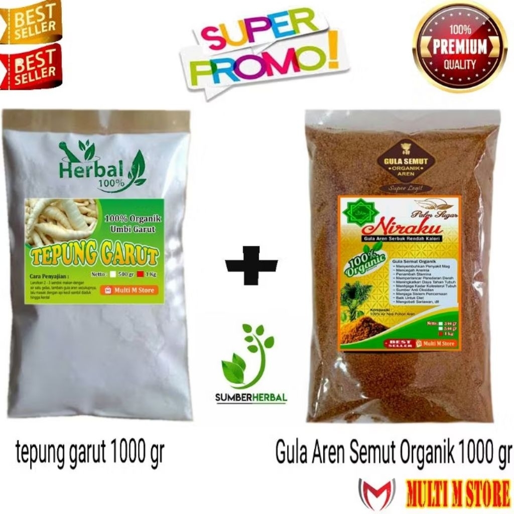 

PAKET Gula Aren Semut Premium 1000 Gram | Tepung Pati Garut Murni 1000 Gram