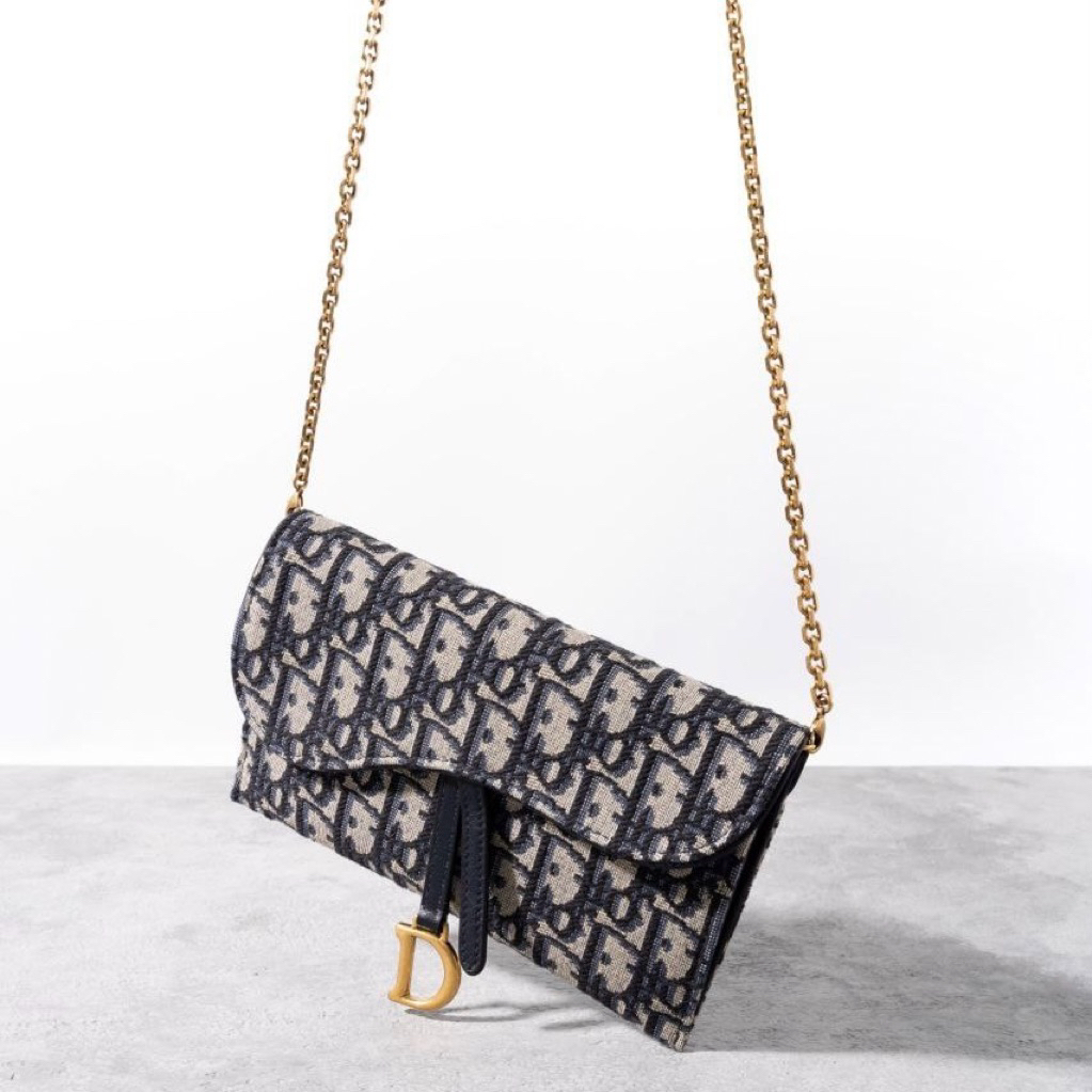 CHRISTIAN DIOR CD Saddle Wallet on Chain WOC Crossbody Bag 19cm in Oblique Jacquard