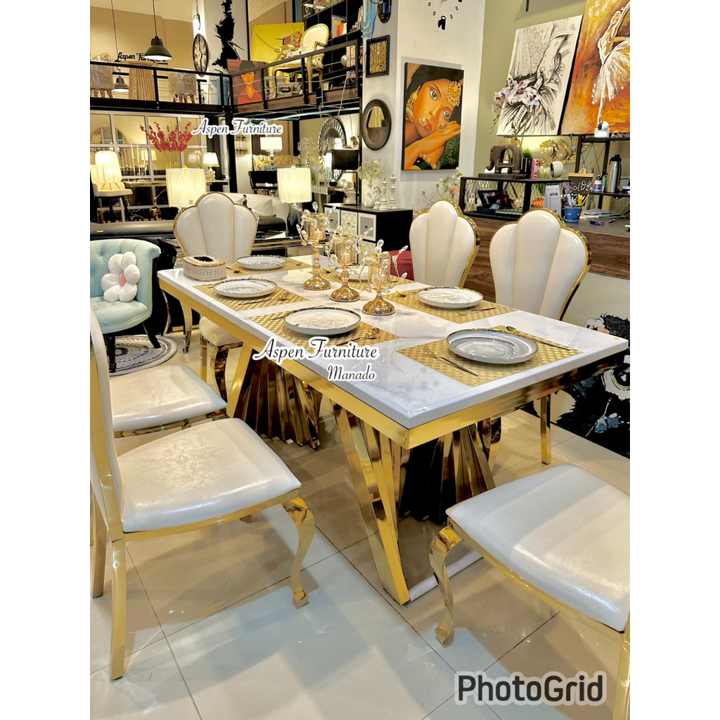 Meja makan marmer set 6 kursi