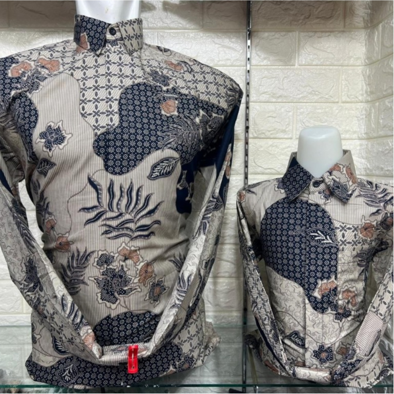 MANTAP Cream Muda Keabuan Baju Batik Couple Katun Ayah Anak Lengan Panjang Motif Flora Laut Premium 