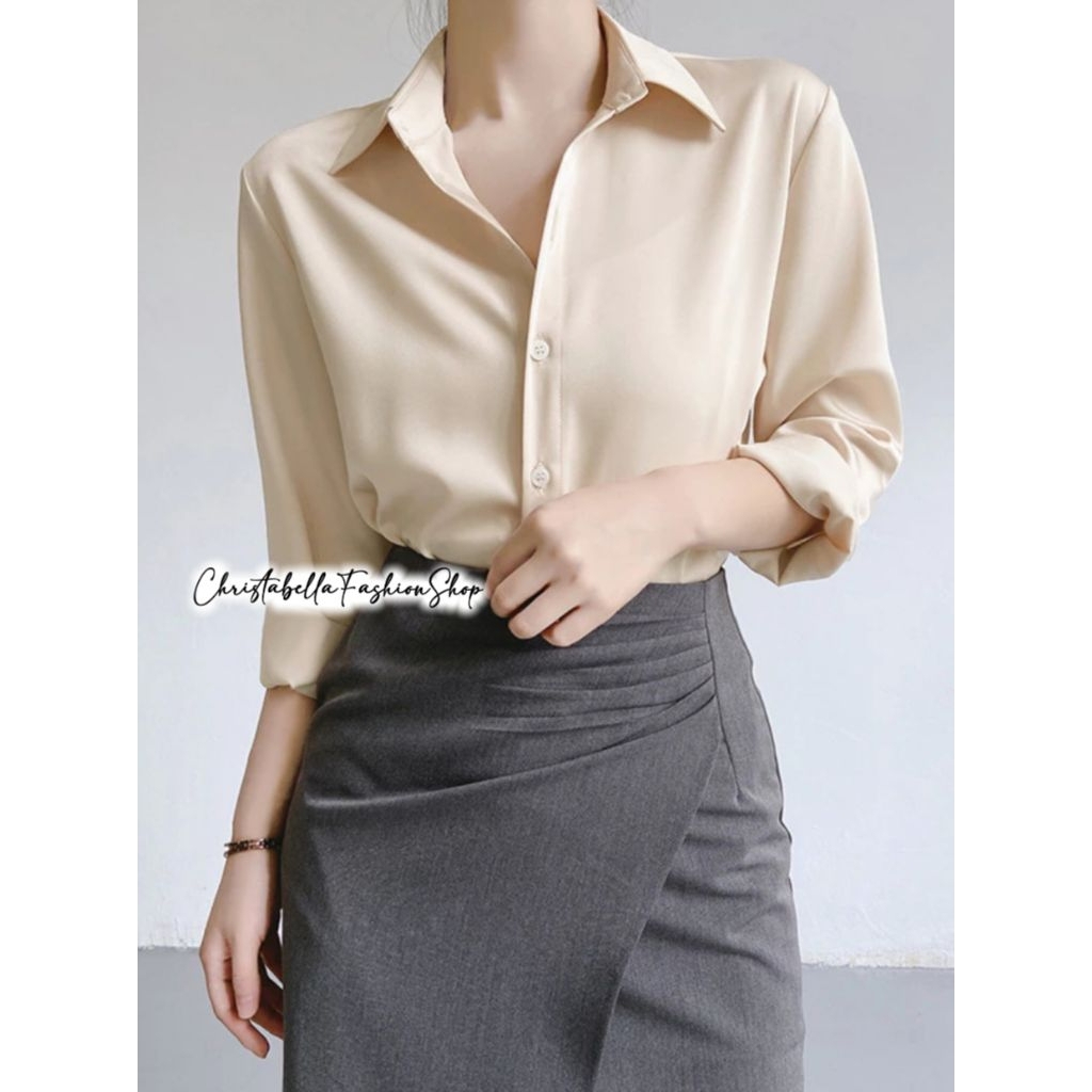 New Fashion Satin Silk Premium Import / Kemeja Formal Kasual Polos Nyaman Kemeja Satin Cream Wanita