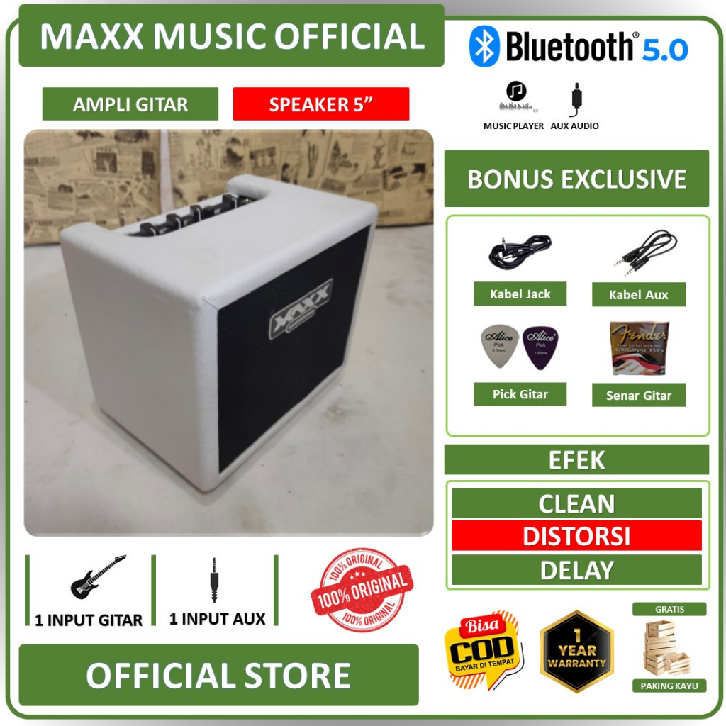 Ampli gitar & bass 5 inch bluetooth original  ada efek delay & distorsi 2 input free kabel jack & se