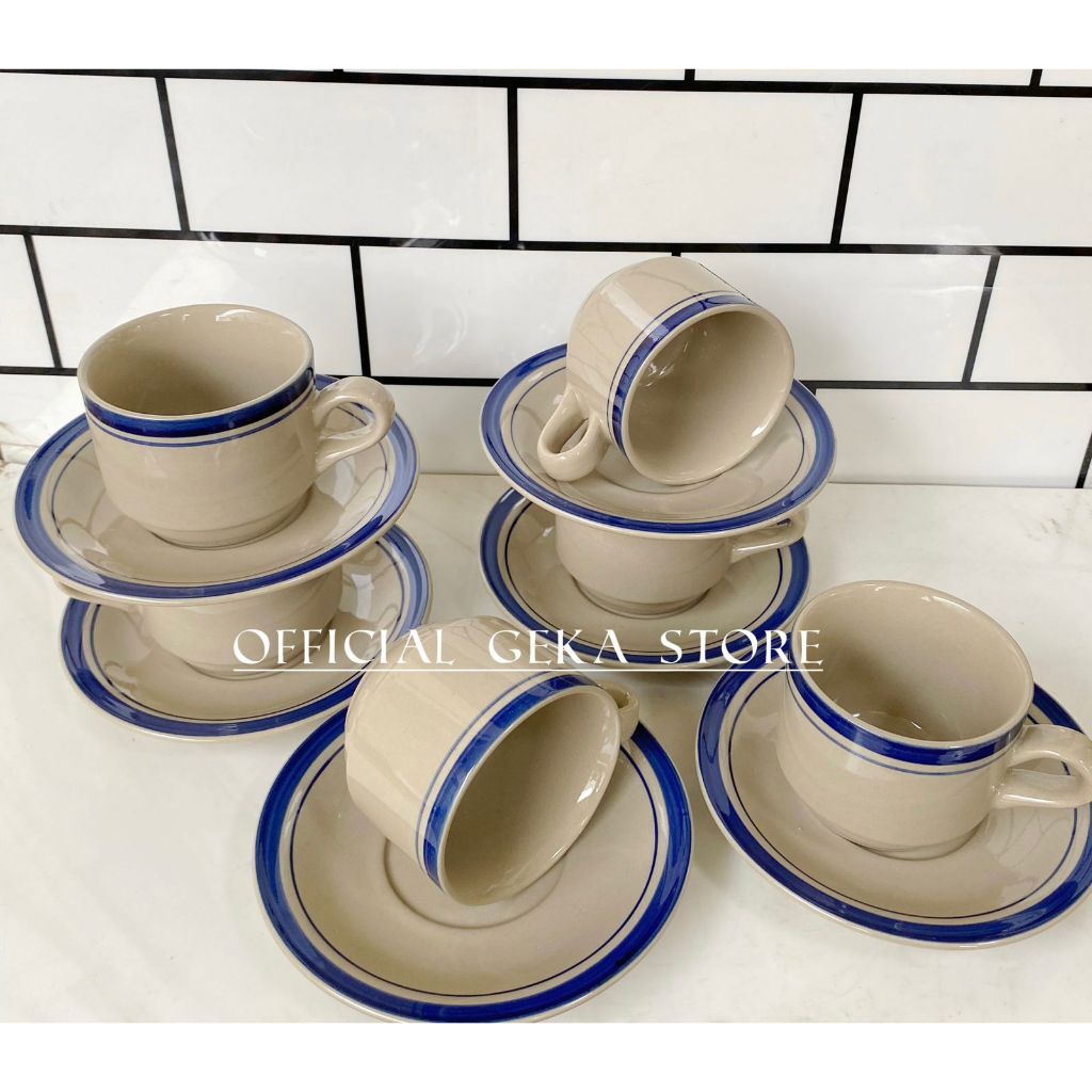 1 SET GELAS KERAMIK MEWAH LIST BIRU ISI 6 PCS GELAS 6 PCS TATAKAN / SET CANGKIR KERAMIK LIST BIRU
