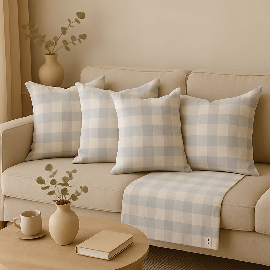 Sarung bantal cushion cover kotak kotak biru gingham korean style