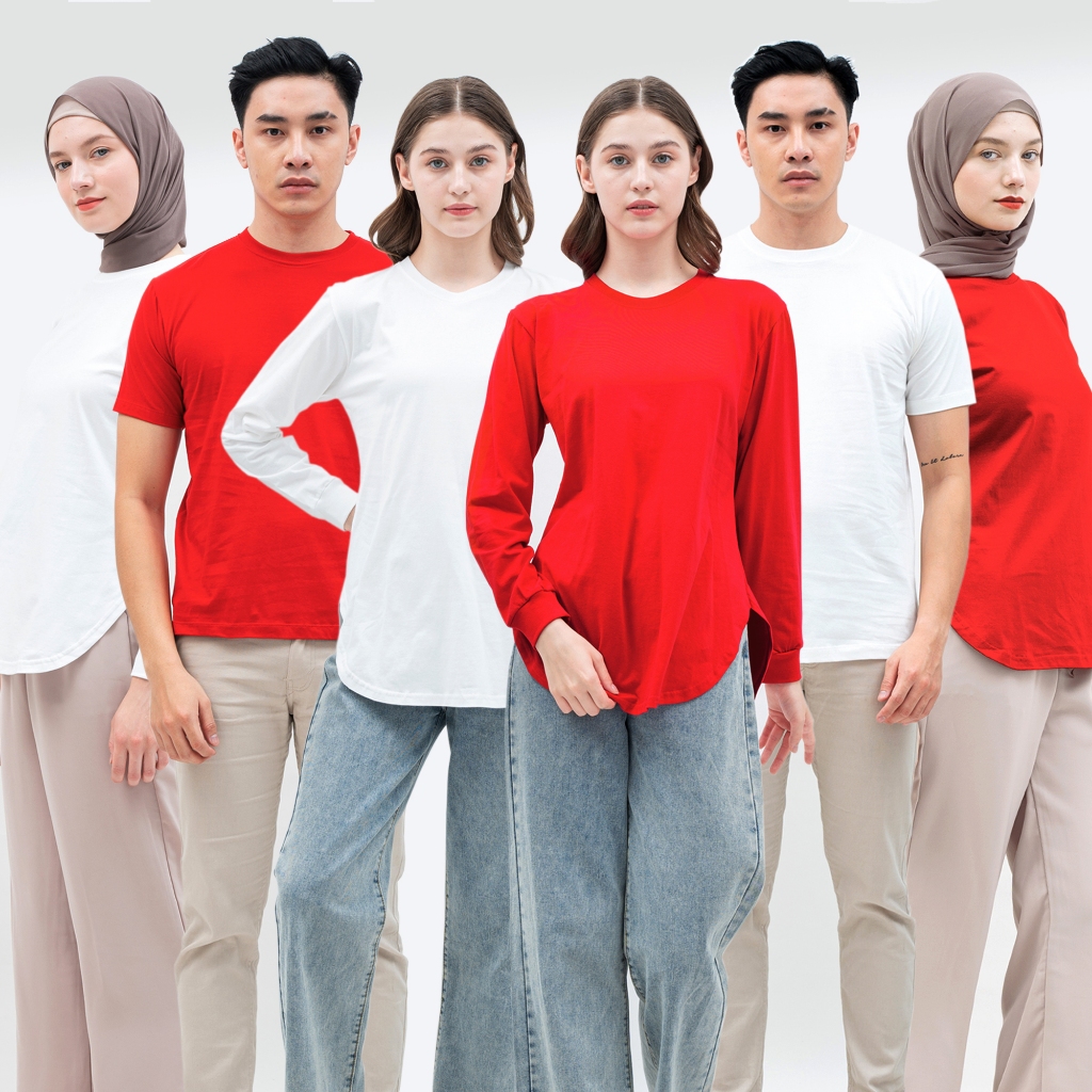 KAOS POLOS WANITA LENGAN PANJANG MODEL OVAL & PRIA MERAH PUTIH