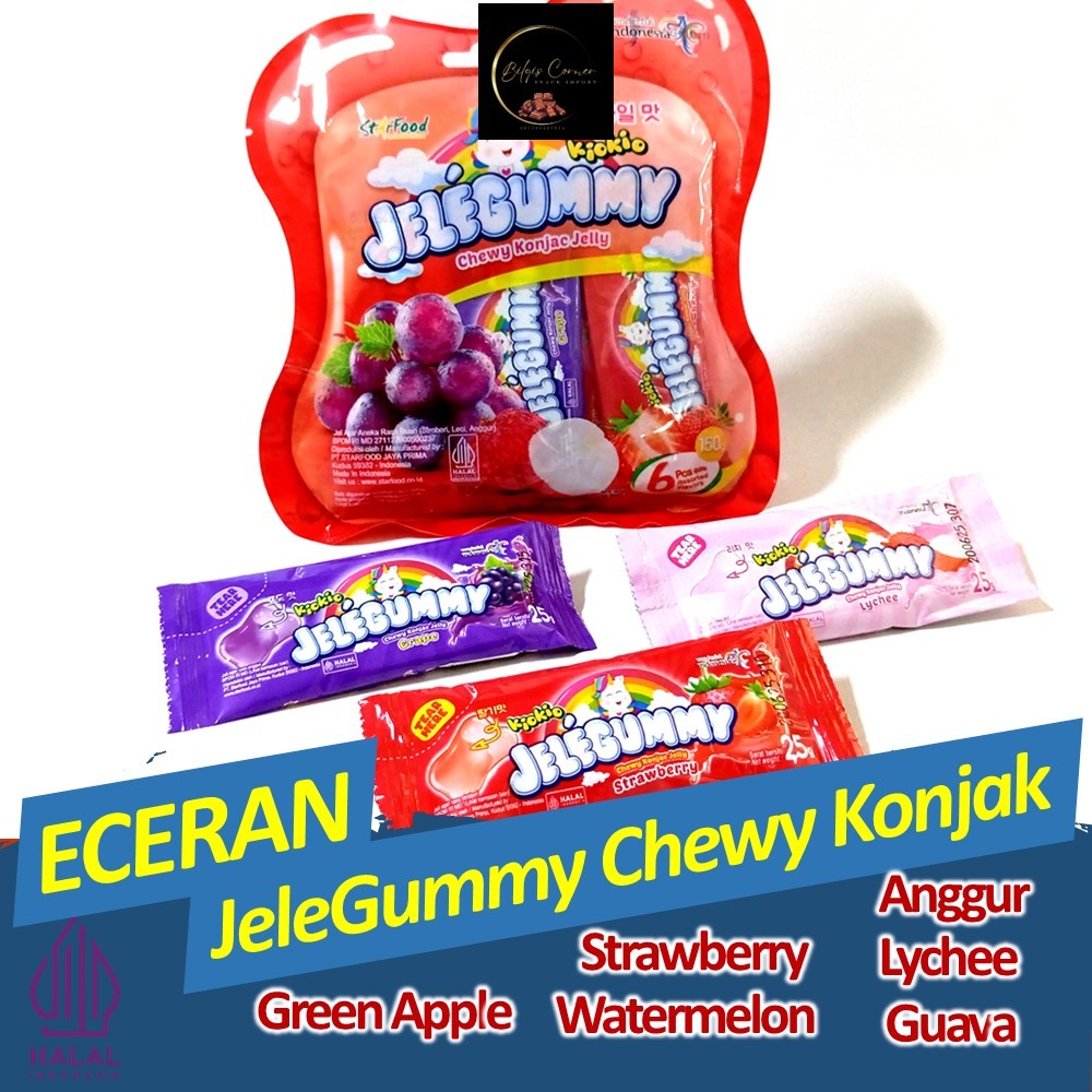 

(ECERAN) JeleGummy Chewy Konjak Jelly Rasa Strawberry Watermelon Lychee Green Apple Grape and assorted Red Box Jeli