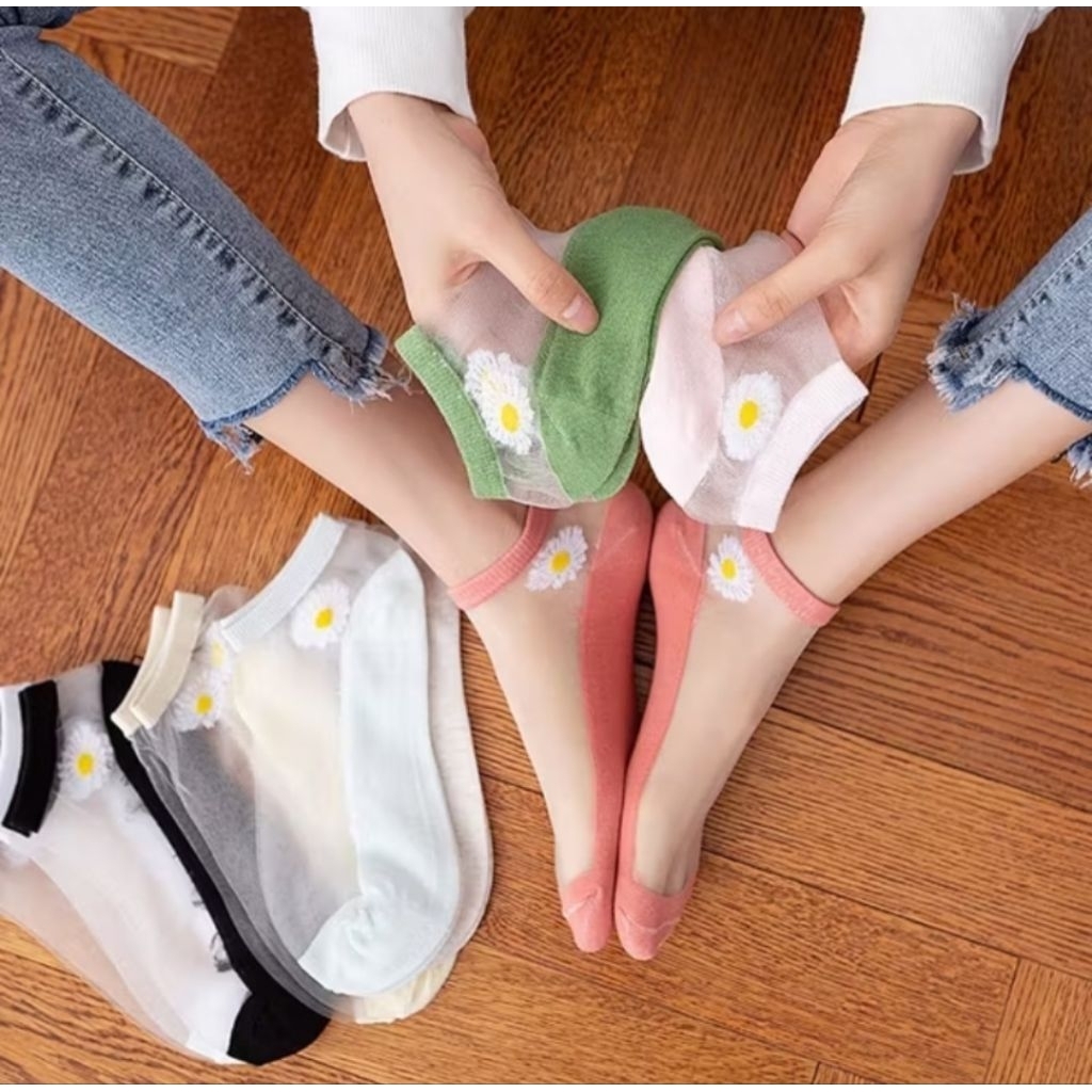 Kaos Kaki Pendek Transparan Motif Bunga Daisy /Kaos Kaki Wanita Bunga Korea Daisy