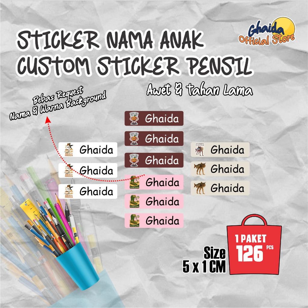 

STIKER LABEL NAMA ANAK I STIKER PENSIL NAMA ANAK ANTI LUNTUR l STIKER NAMA ANAK ANOMALI l Stiker Nama Anomali Udindindindun, Trulimero Trulicina, Lirili Ralila, frulli Frulla