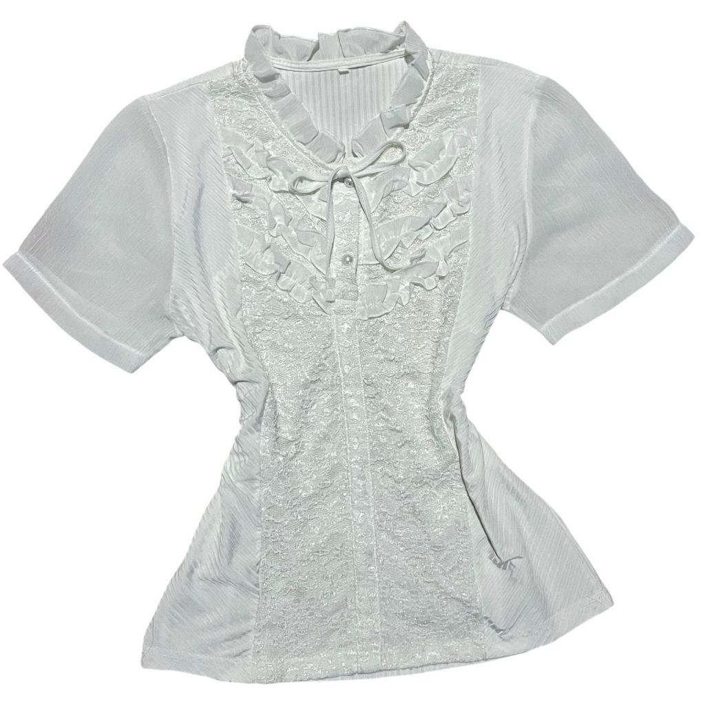 Victorian Ruffle Lace Neck Ribbon White Top | coquette cottagecore 3 upper buttoned up renda bordir 
