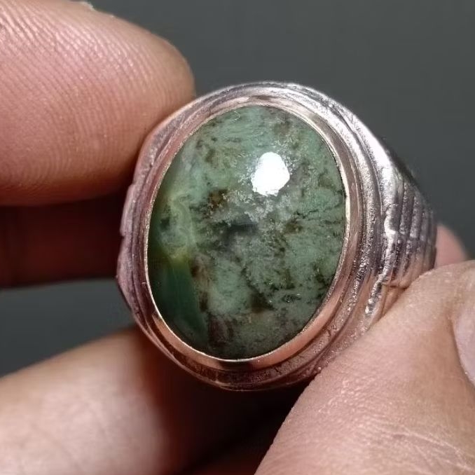 Cincin Batu Akik Garut Hejo Motif Gambar Wajah Harimau, Material Hejo Ciangel Kristal