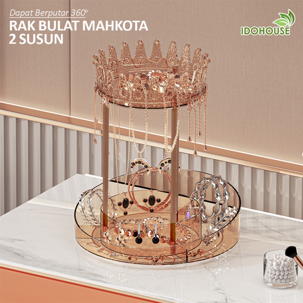 IDOHOUSE Rak Make Up Perhiasan Bulat Mahkota Putar 360° Aesthetic Rack Tempat Kosmetik Kalung Cincin