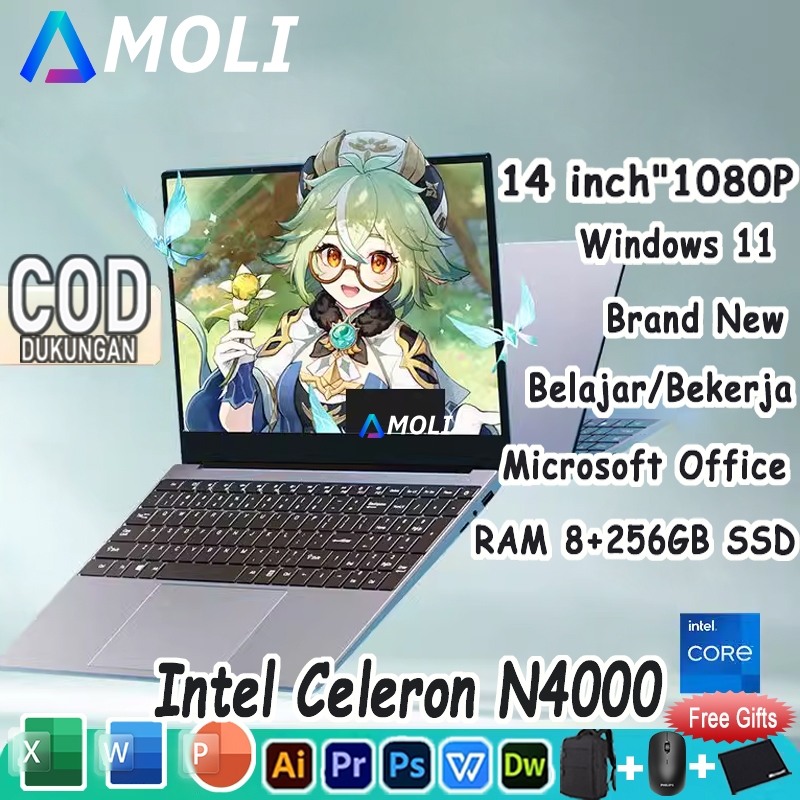 AMOLI「2025 Terbaru」Laptop Intel Celeron N4000 RAM 8GB + 256GB SSD Window 11 Pro office gaming laptop
