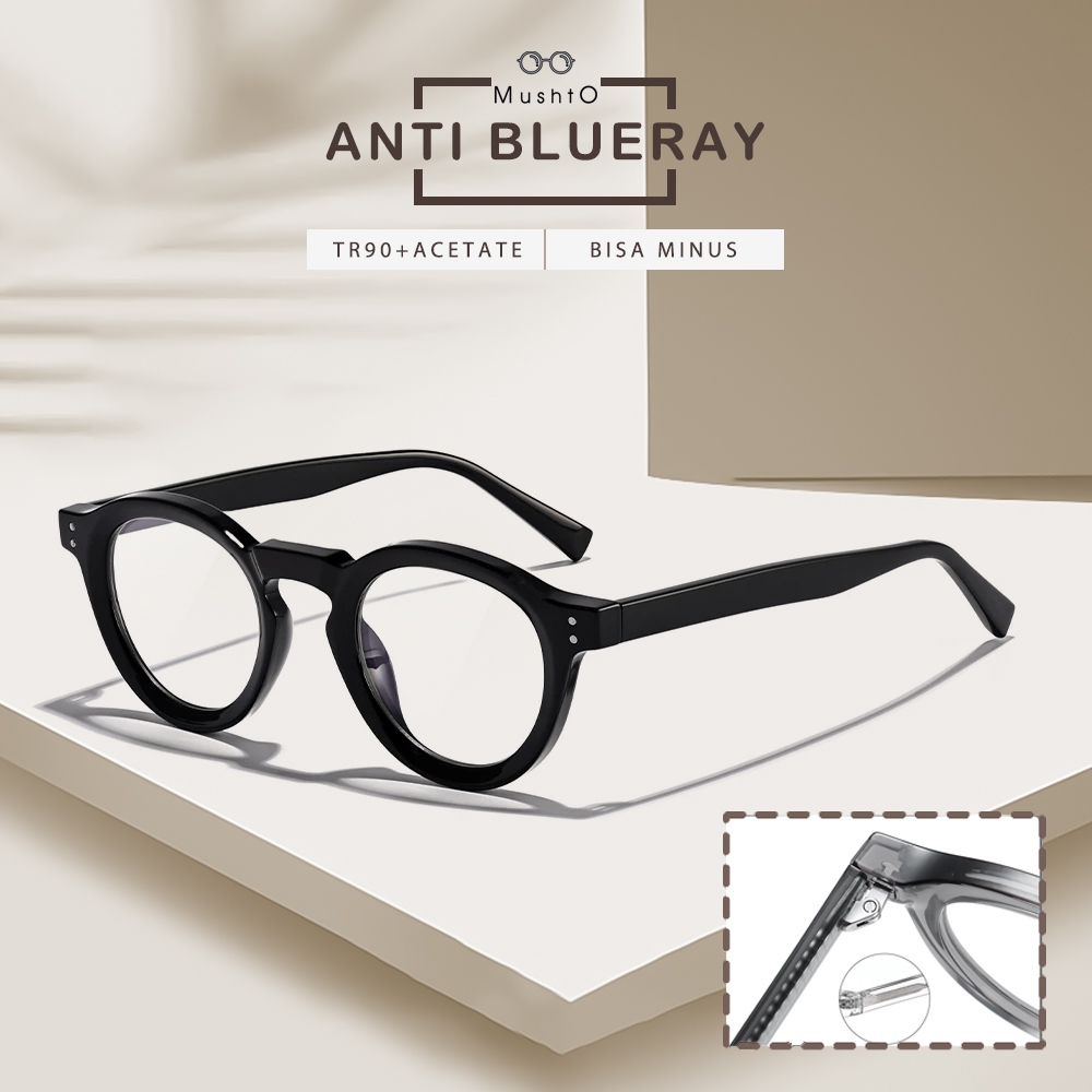 Mushto Kacamata Antiradiasi Blueray Style Bulat Terbaru Frame TR90+Acetate Kokoh dan Ringan Lensa Bi