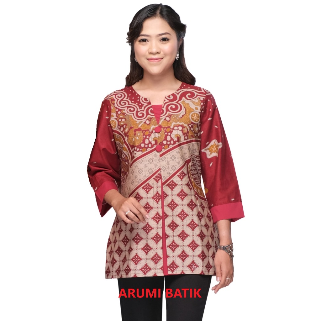 Blouse Atasan Seragam Formal Kerja Kemeja Ibu Wanita Batik Jumbo M - 5L 3299 Merah Maroon