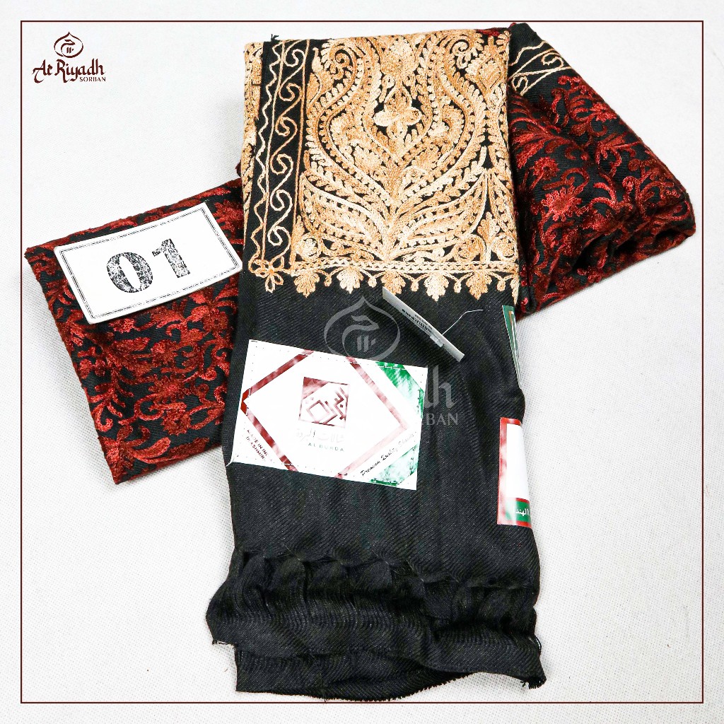 Sorban Kashmiri AL BURDAH 1599 Hitam Putih Full Motif Sulam
